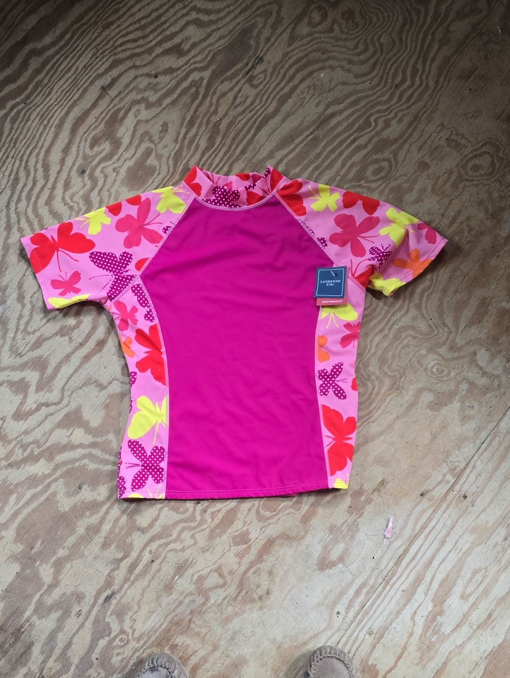 Lands' End Bright Pink Floral Rashguard with Neon Accents
